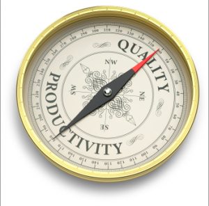 A phot of a round gold-framed item that looks like a compass, but has the word "Quality" toward the top, and the word "Productivity" toward the bottom.